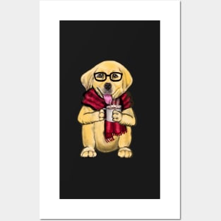 Dog wearing glasses and red scarf having a hot coffee tea drink cute Golden Labrador retriever puppy dog Posters and Art